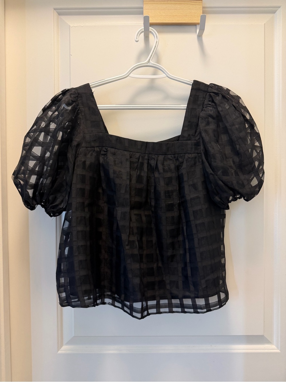 English Factory Black Puff-Sleeve Sheer Check Blouse